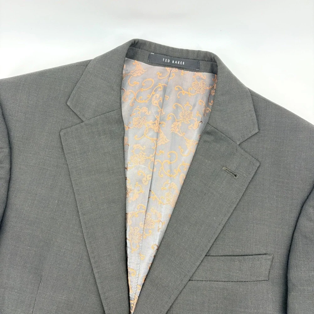 Ted Baker London‎ Mens 40R Wool Suit Jacket Blazer Charcoal Gray Floral Lining